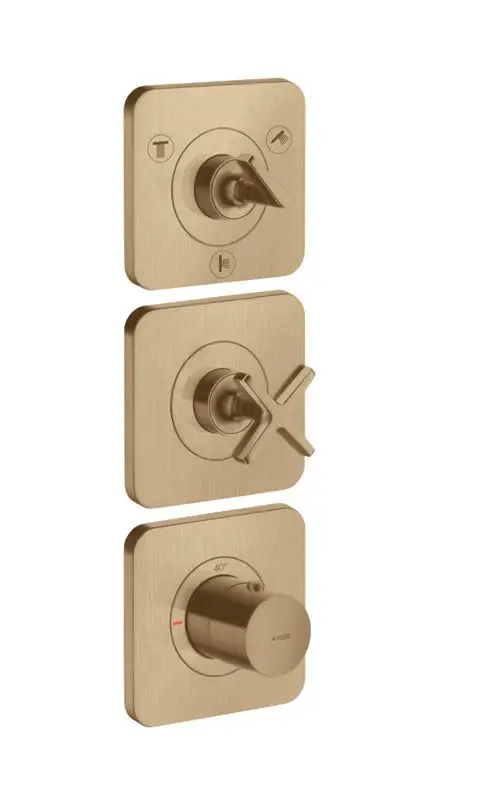 Thermostatmodul mit drei Steuerungen, Unterputzmontage, mit Rosetten in Brushed Bronze. Bedienknöpfe für Temperatur und Funktionen von AXOR.